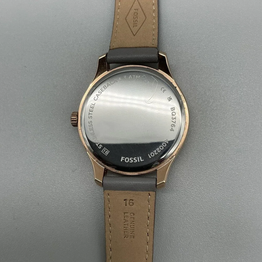 Fossil BQ3764 Womens Watch 35mm Brown Dial Gray Leather Rose Gold Multifunction